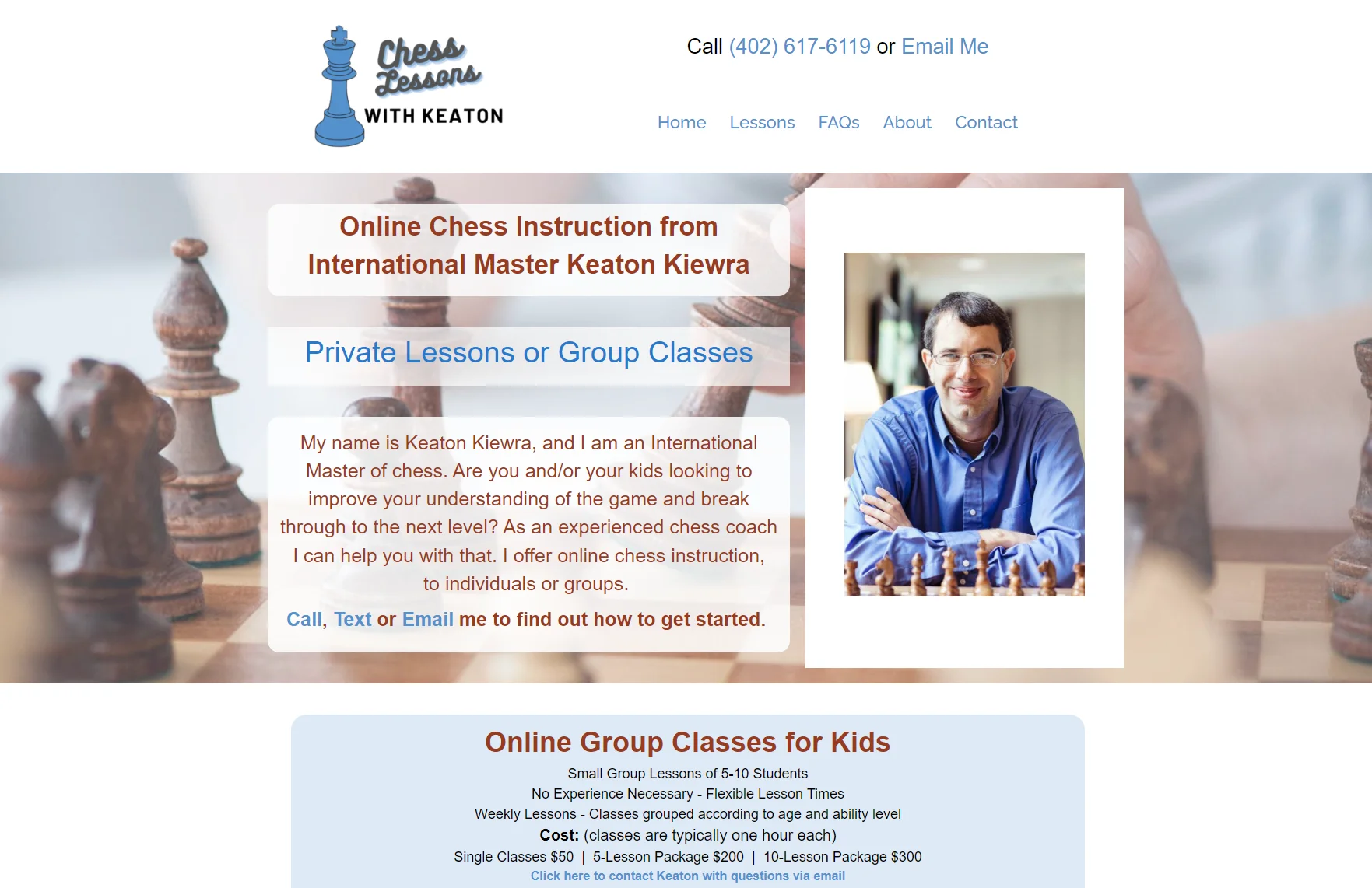 screenshot of website for keatonkiewrachess.com